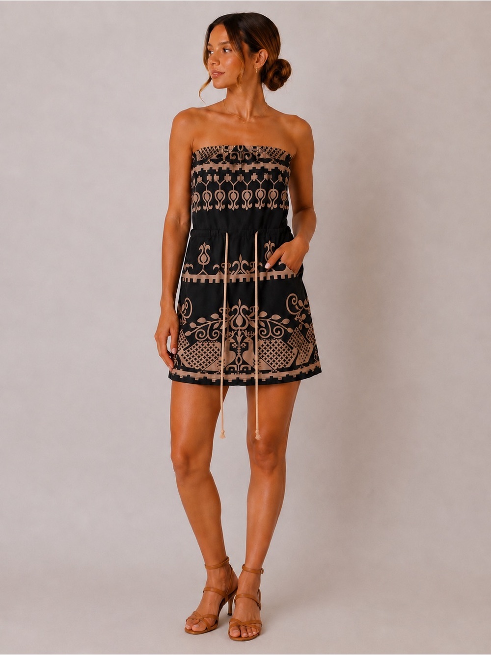 Strapless Black & Beige Printed Dress